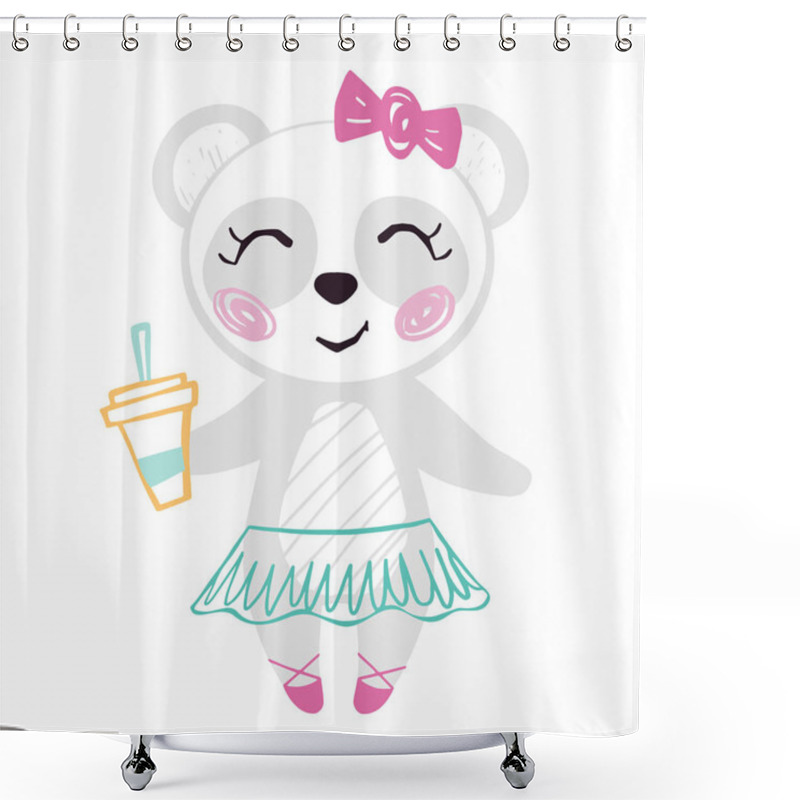 Personality  Panda Baby Girl Cute Summer Print. Sweet Bear With Coffee Cup Ballet Tutu, Pointe Shoes, Bow. Shower Curtains