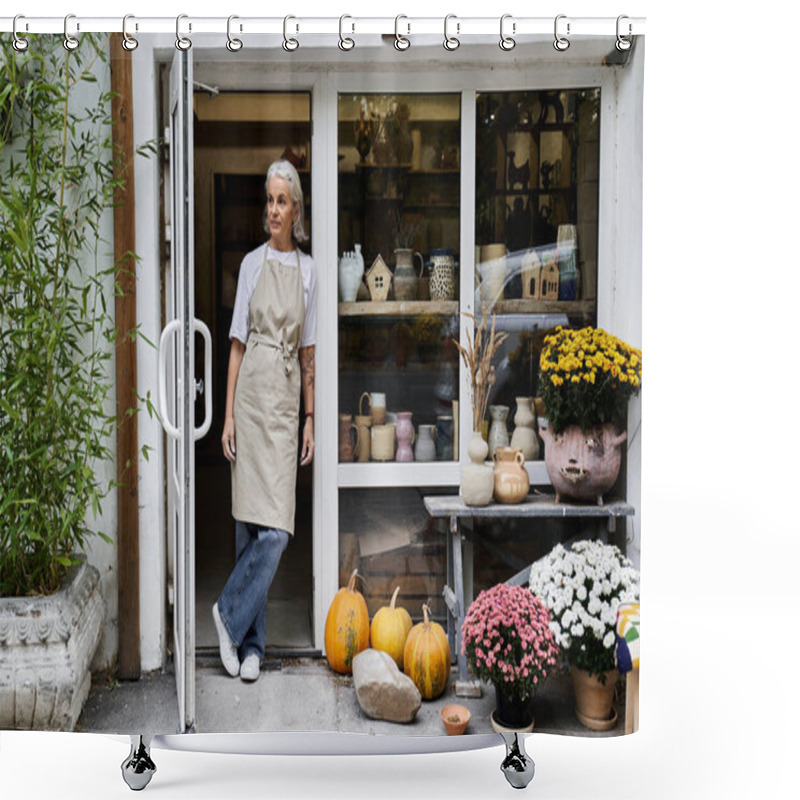 Personality  A Stylish Woman Proudly Stands By Her Pottery Shop Entrance, Surrounded By Fall Colors. Shower Curtains