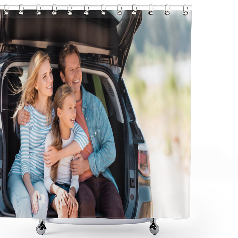 Personality  Man Embracing Wife And Daughter In Truck Of Auto  Shower Curtains