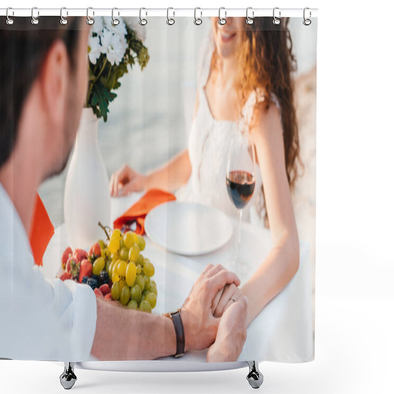 Personality  Happy Couple Holding Hands After Propose In Romantic Date Shower Curtains