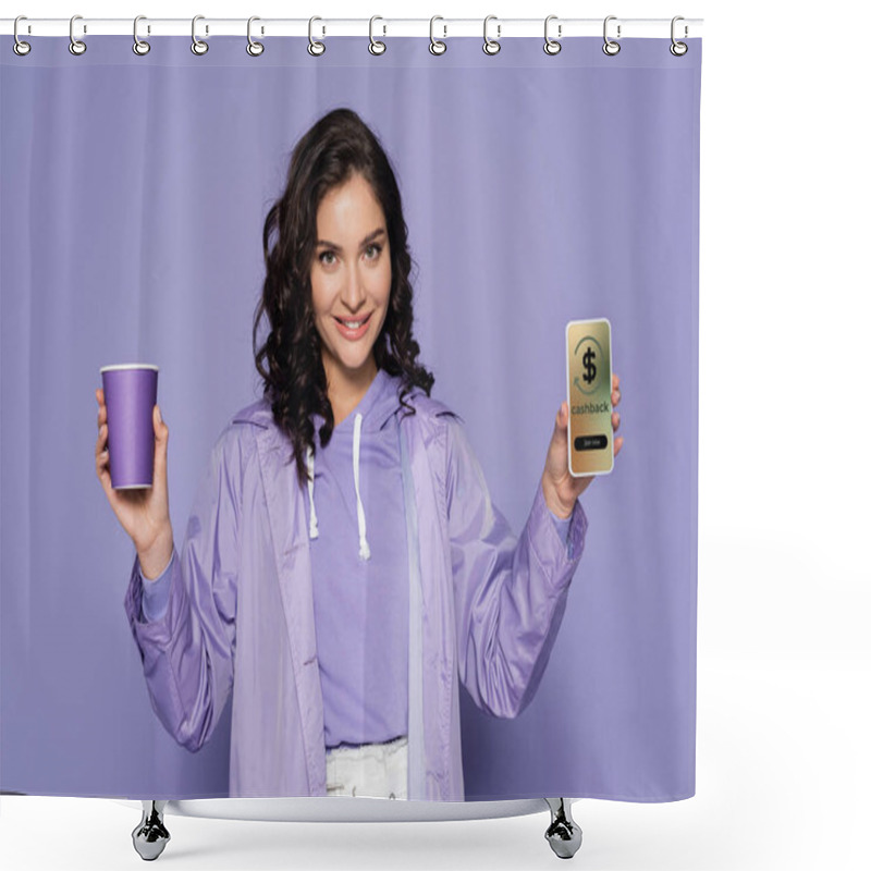 Personality  Happy Young Woman In Raincoat Holding Paper Cup And Smartphone With Cashback On Screen Isolated On Purple  Shower Curtains