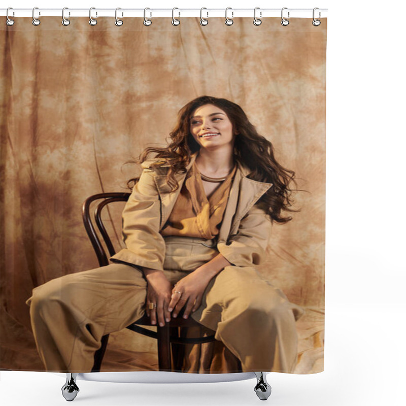 Personality  A Young Woman Showcases Her Stylish Autumn Ensemble While Confidently Posing In A Cozy Studio Atmosphere. Shower Curtains