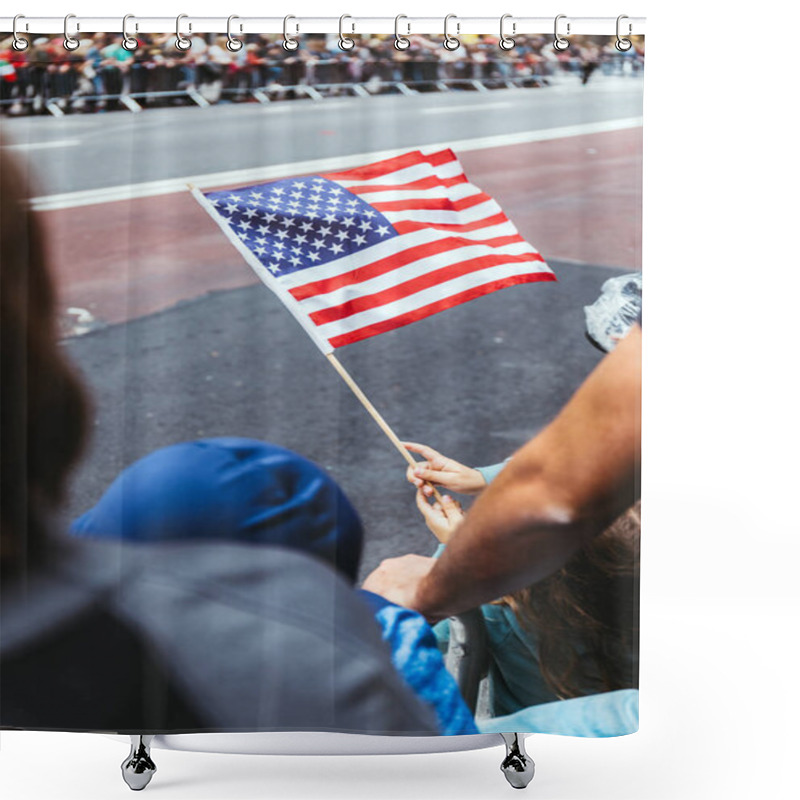 Personality  Close Up View Of American Flag In Childs Hands During Parade On Street In New York, Usa Shower Curtains