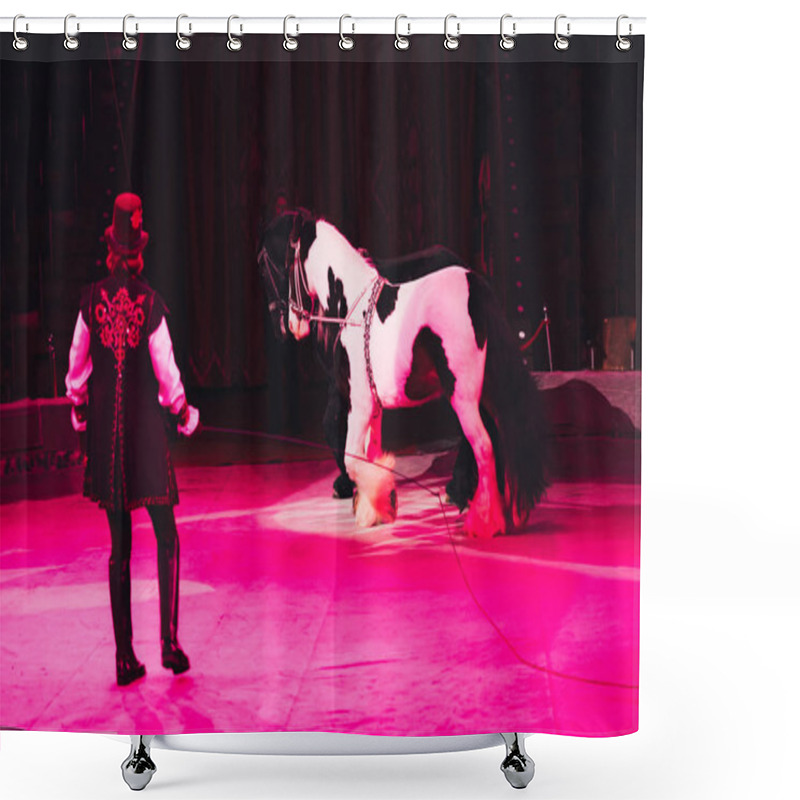 Personality  KYIV, UKRAINE - NOVEMBER 1, 2019: Back View Of Handler Performing With Horses In Circus  Shower Curtains