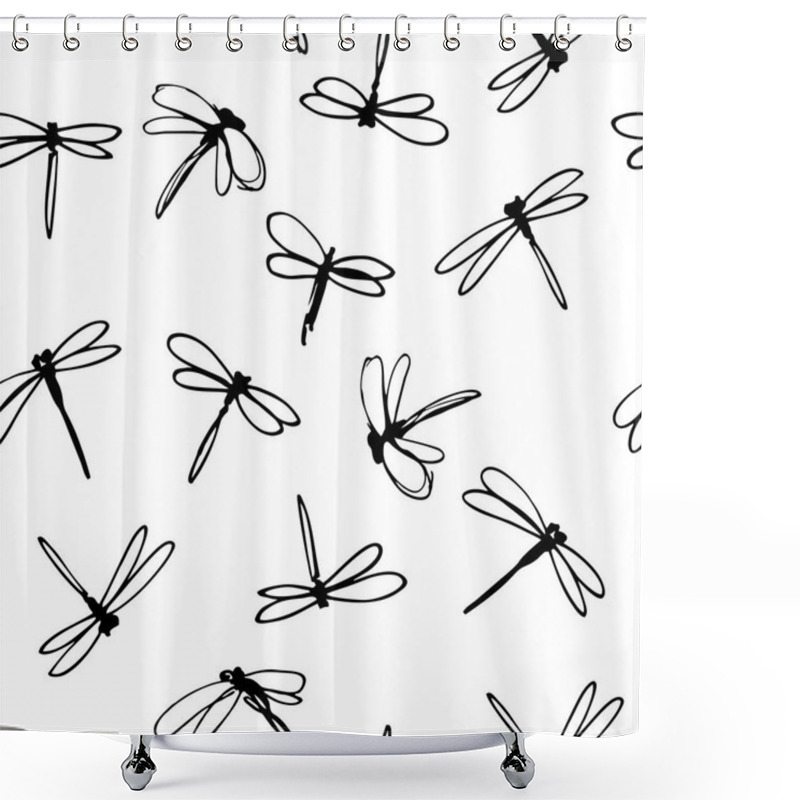 Personality  Vector Seamless Pattern With Blue Dragonflies On The White Background Shower Curtains