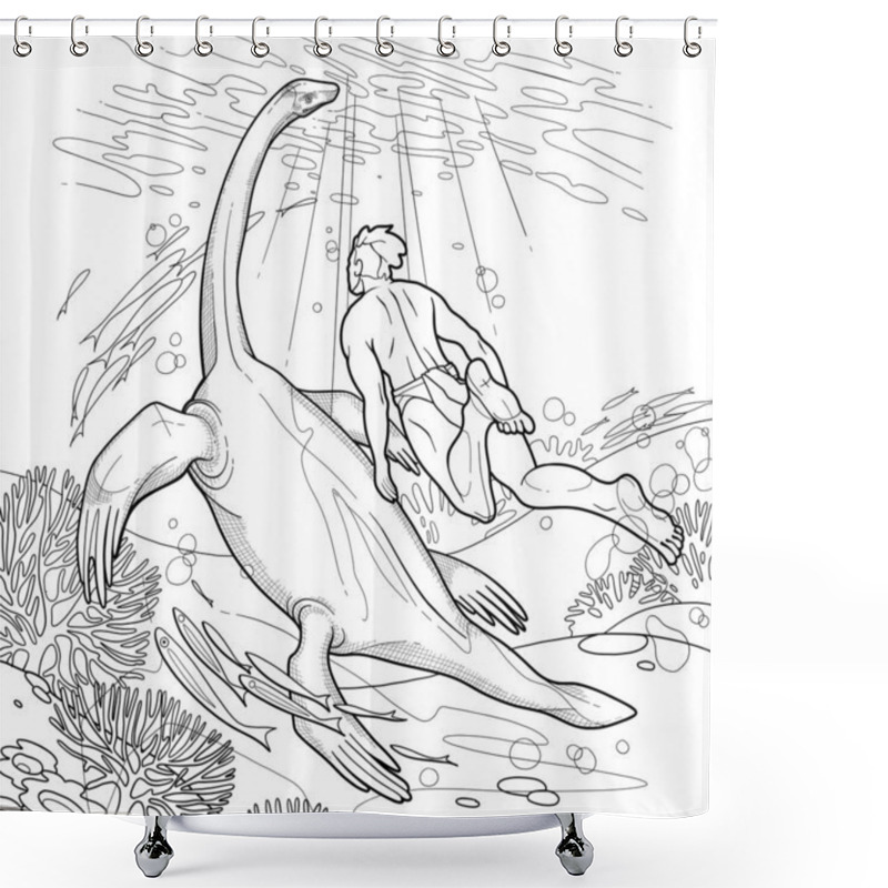 Personality  A Young Man Swims With A Chthyosaur In The Ocean Among Coral Reefs. Shower Curtains