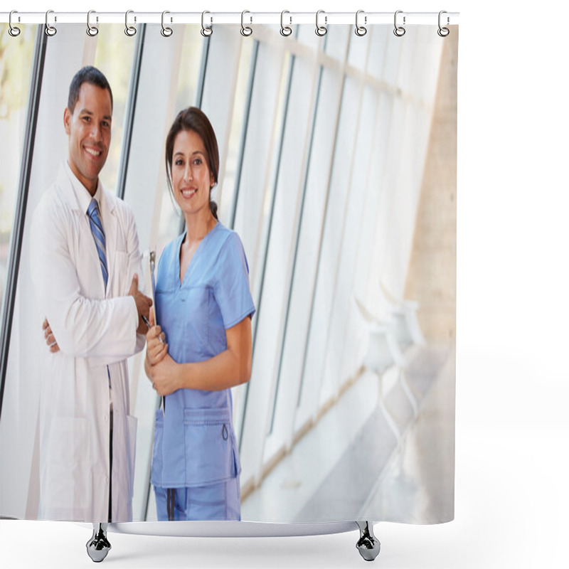 Personality  Medical Staff Having Discussion In Modern Hospital Corridor Shower Curtains