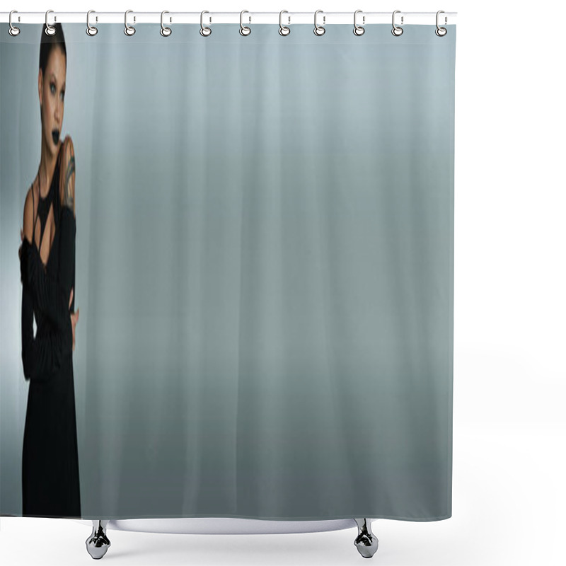 Personality  Stylish Demon-inspired Woman With Dark Makeup Wearing Black Halloween Dress On Grey, Banner Shower Curtains