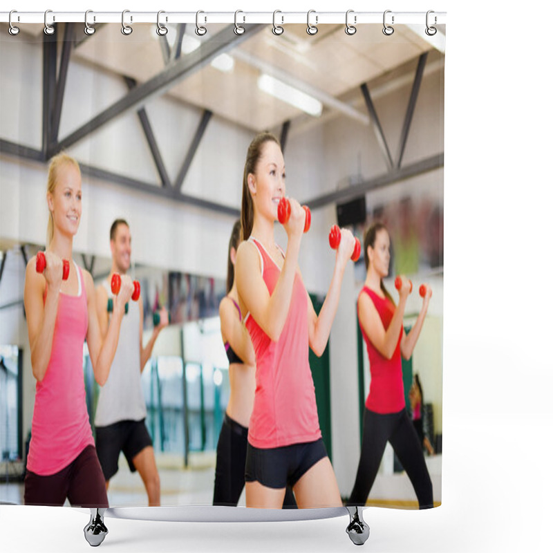 Personality  Group Of Smiling People Working Out With Dumbbells Shower Curtains