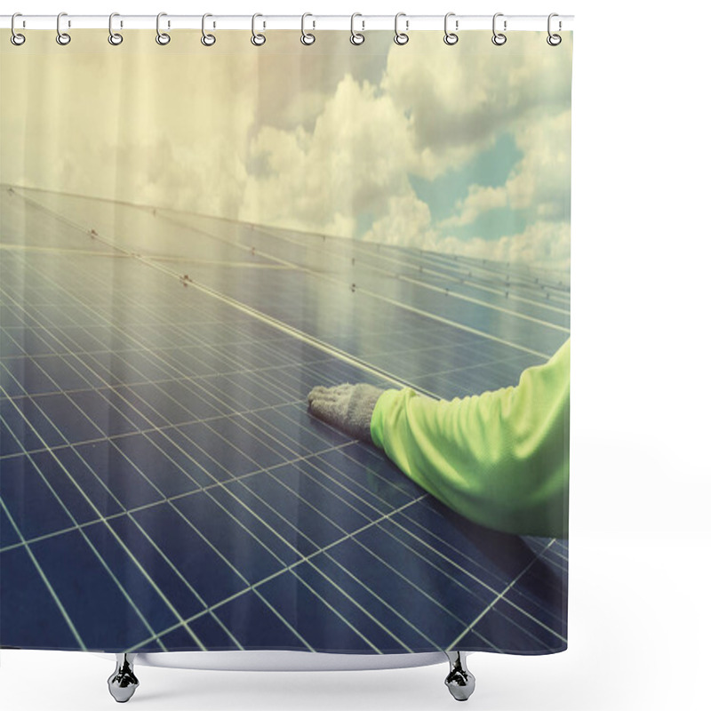 Personality  Engineer Team Working On Replacement Solar Panel In Solar Power  Shower Curtains