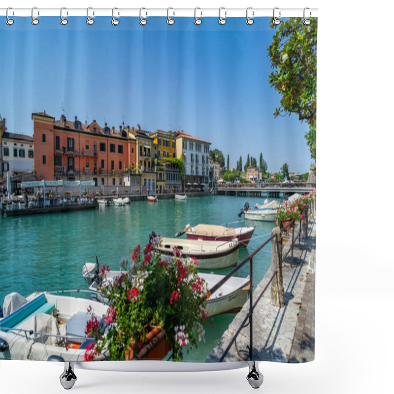 Personality  Charming Canal View With Small Boats Moored Along The Waterfront, Vibrant Flower Arrangements In The Foreground, And Colorful Italian Buildings Lining The Water Under A Bright Blue Sky. Shower Curtains