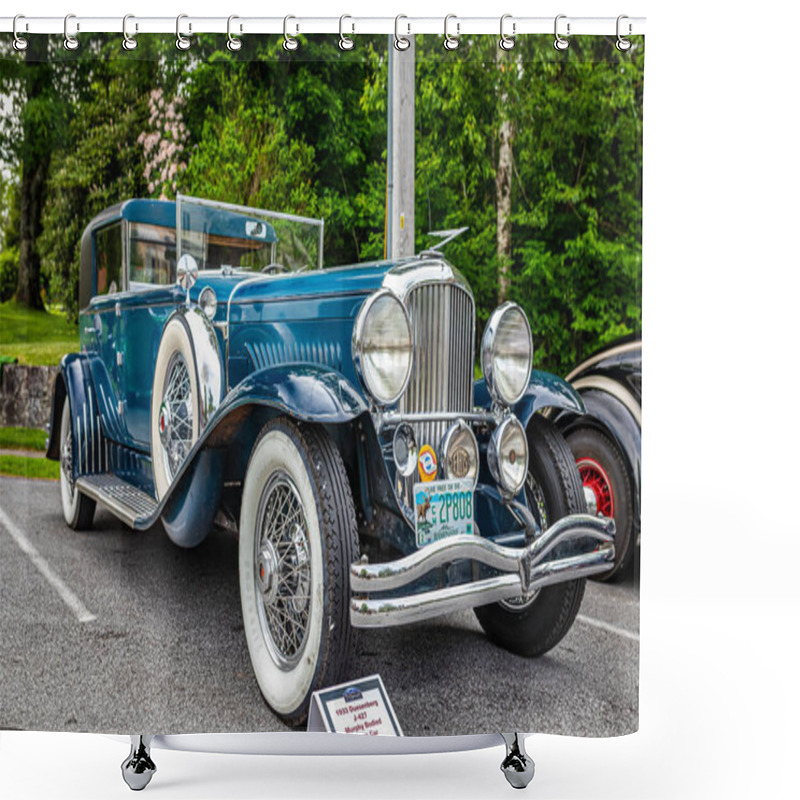 Personality  Highlands, NC - June 11, 2022: Low Perspective Front Corner View Of A 1933 Duesenberg J-427 Murphy Bodied Town Car At A Local Car Show. Shower Curtains