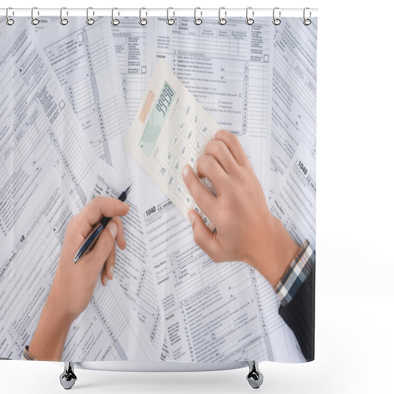 Personality  Cropped View Of Man Filling Tax Forms And Using Calculator  Shower Curtains