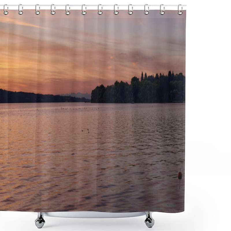 Personality  Capture The Serenity Of A Pier At Sunset With Sailboats Gently Floating On The Calm Lake. This Tranquil Scene Features An Orange And Pink Sky Reflecting On The Water, Creating A Peaceful Marina Shower Curtains