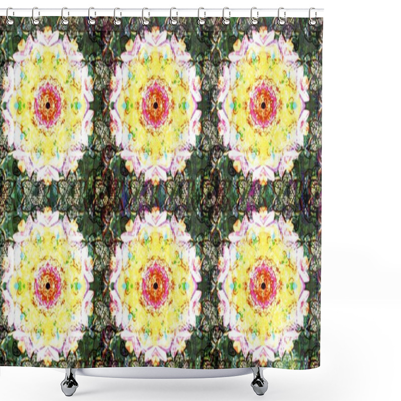 Personality  Exploding Flowers Abstractly Placed. Raster Pattern. Gentle, Spring Floral On Green Colors. Raster Illustration. Shower Curtains