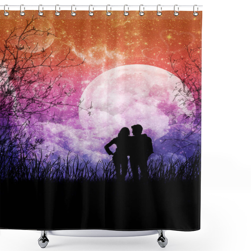 Personality  Magic Romantic Landscape With Bright Starry Sky And Gentle Couple In Love, A Fairytale Deep Space, Nebula With Fluffy Clouds And The Big Moon, A Fabulous Nature With Dark Grass And Tree Branches. Shower Curtains