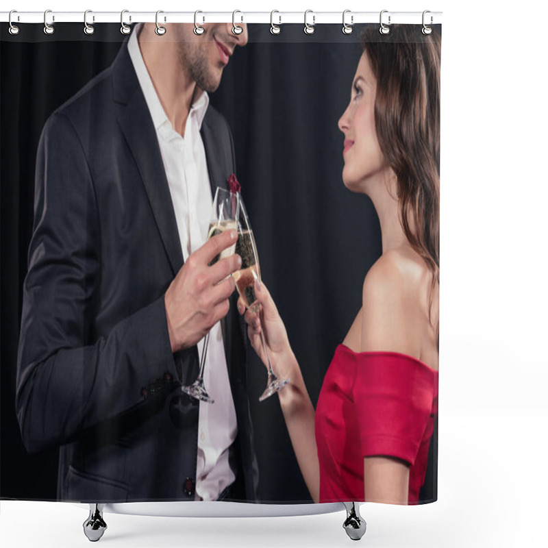 Personality  Happy Couple Toasting With Glasses Of Champagne Isolated On Black Shower Curtains