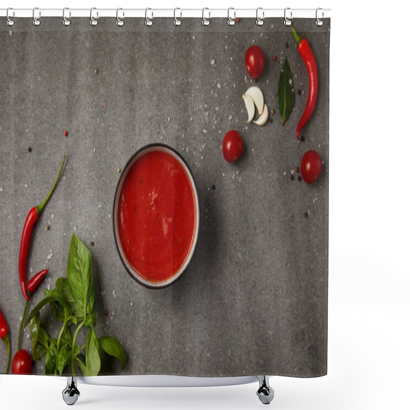 Personality  Top View Of Plate With Tomato Soup, Fresh Tomatoes, Garlic And Scattered Spices On Grey Table Shower Curtains