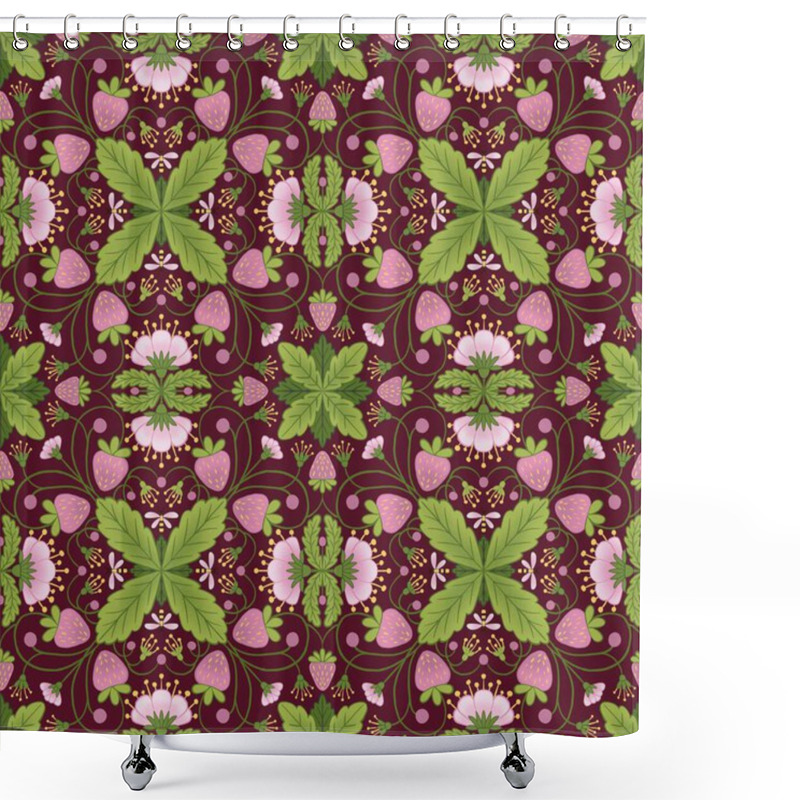 Personality  Strawberry Floral Ethnic Seamless Pattern. Folk Style. Background Based On Traditional Embroidery. Retro Kitchen Strawberry Wallaper On Dark Background. Shower Curtains