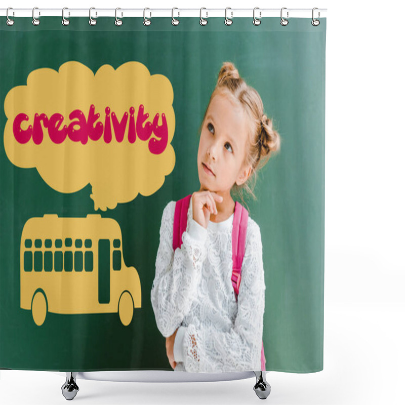 Personality  Pensive Kid Standing With Backpack Near Chalkboard With School Bus And Creativity Lettering On Green  Shower Curtains