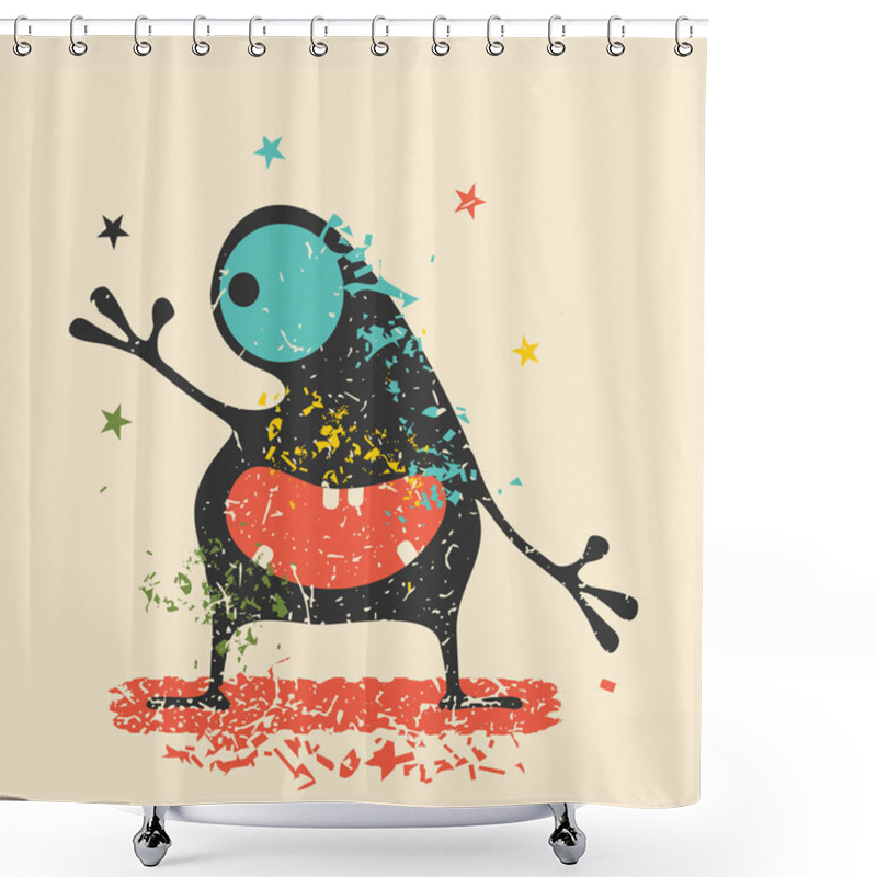 Personality  Cute Black Monster With Emotions On Retro Grunge Background. Cartoon Illustration.  Shower Curtains