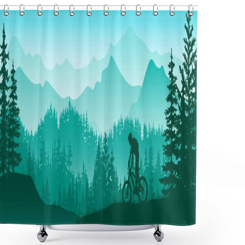 Personality  Silhouette Of Mountain Bike Rider In Wild Nature Landscape. Mountains, Forest In Background. Magical Misty Nature. Blue And Green Illustration.	 Shower Curtains