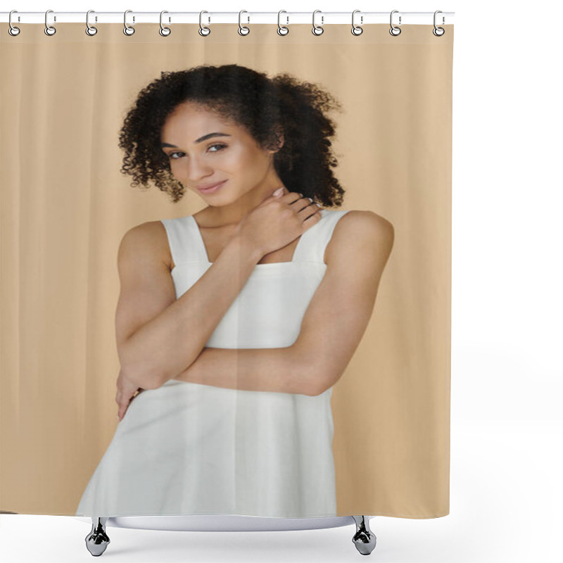 Personality  A Stylish Woman With Curly Hair Radiates Confidence In Her Chic Outfit And Warm Smile. Shower Curtains