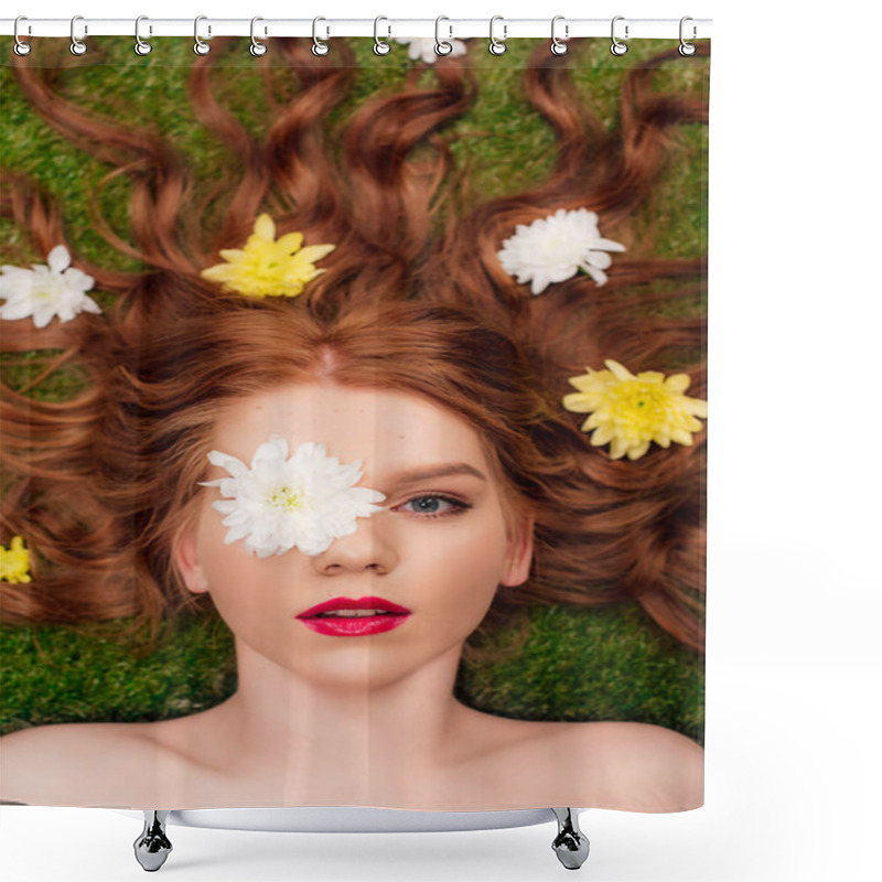 Personality  Top View Of Beautiful Young Woman With Red Lips And Chrysanthemum Flowers In Hair On Grass Shower Curtains