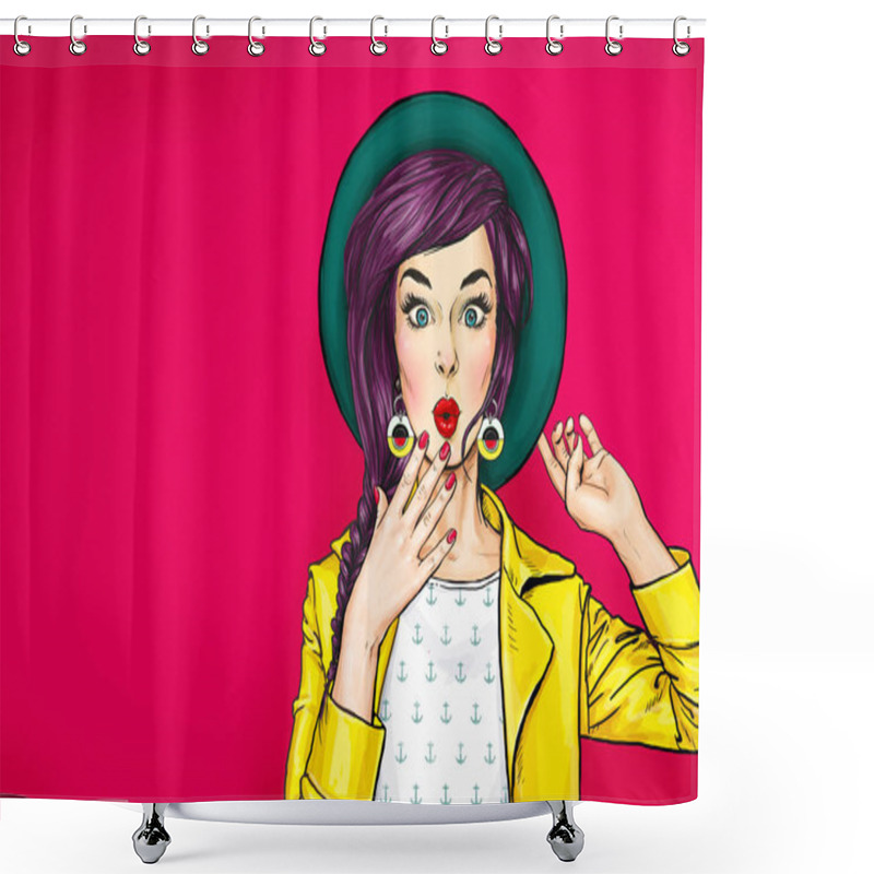 Personality  Surprised Young Sexy Woman In Hat. Advertising Poster Or Party Invitation With Amazed Girl With Wow Face In Comic Style. Shower Curtains