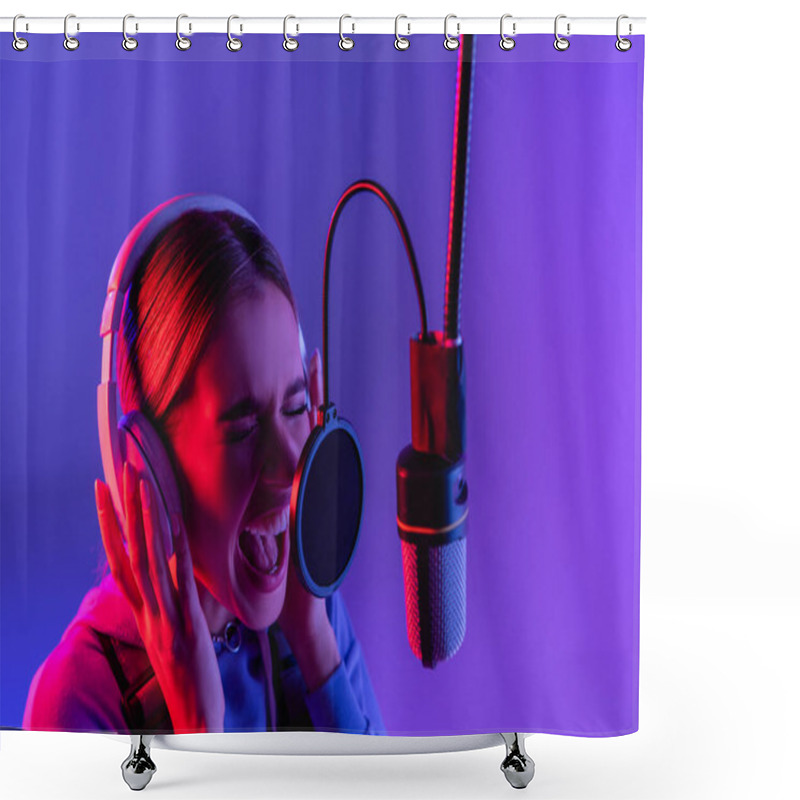 Personality  Woman In Wireless Headphones Recording Song While Singing In Microphone On Purple  Shower Curtains