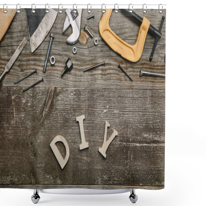 Personality  Top View Of Different Carpentry Tools And Diy Sign On Wooden Background Shower Curtains