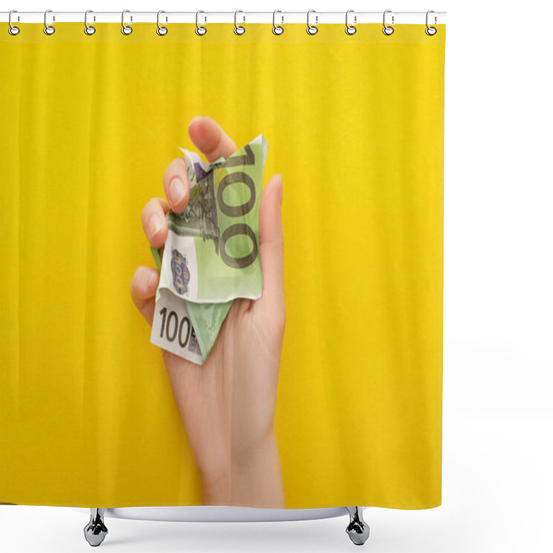 Personality  Cropped View Of Woman Holding Crumpled Euro Banknote Isolated On Yellow Shower Curtains