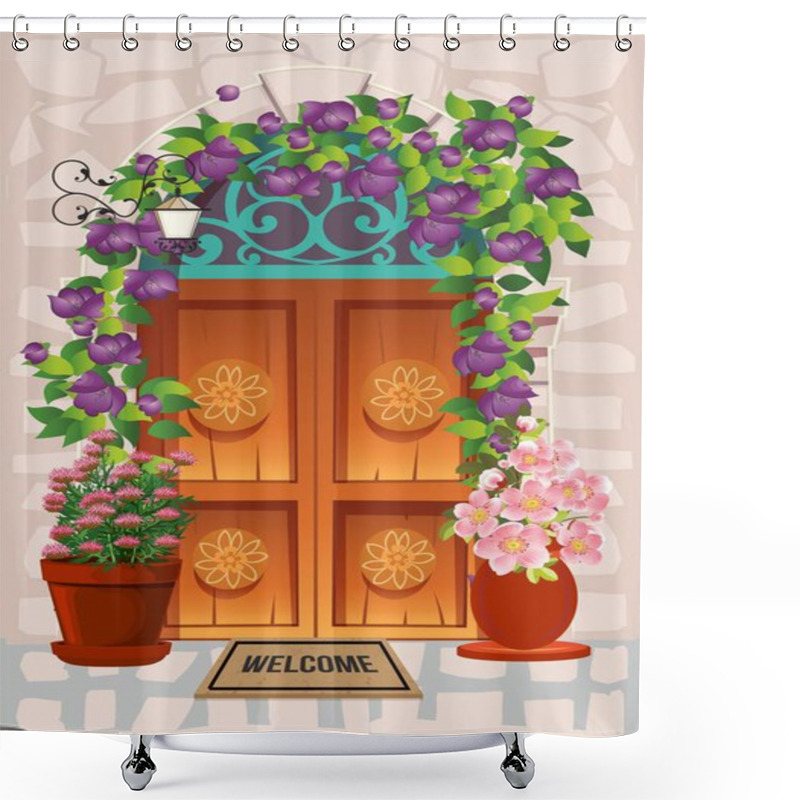 Personality   Composition With An Old Door, Around Which There Are Flowers, Shower Curtains