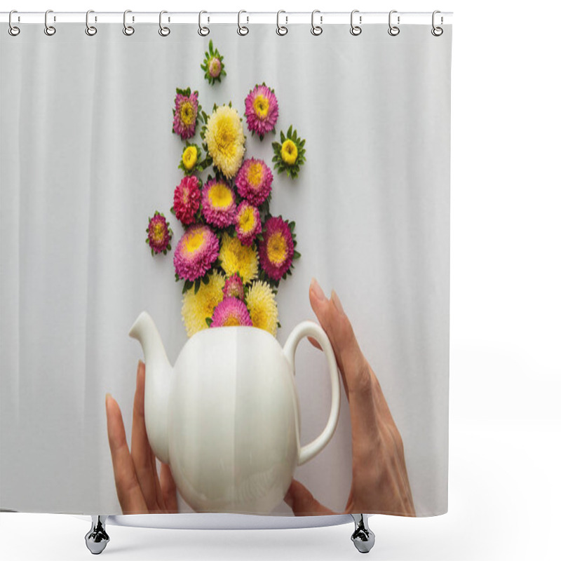 Personality  Cropped View Of Woman Holding Teapot  Near Asters On White Background Shower Curtains