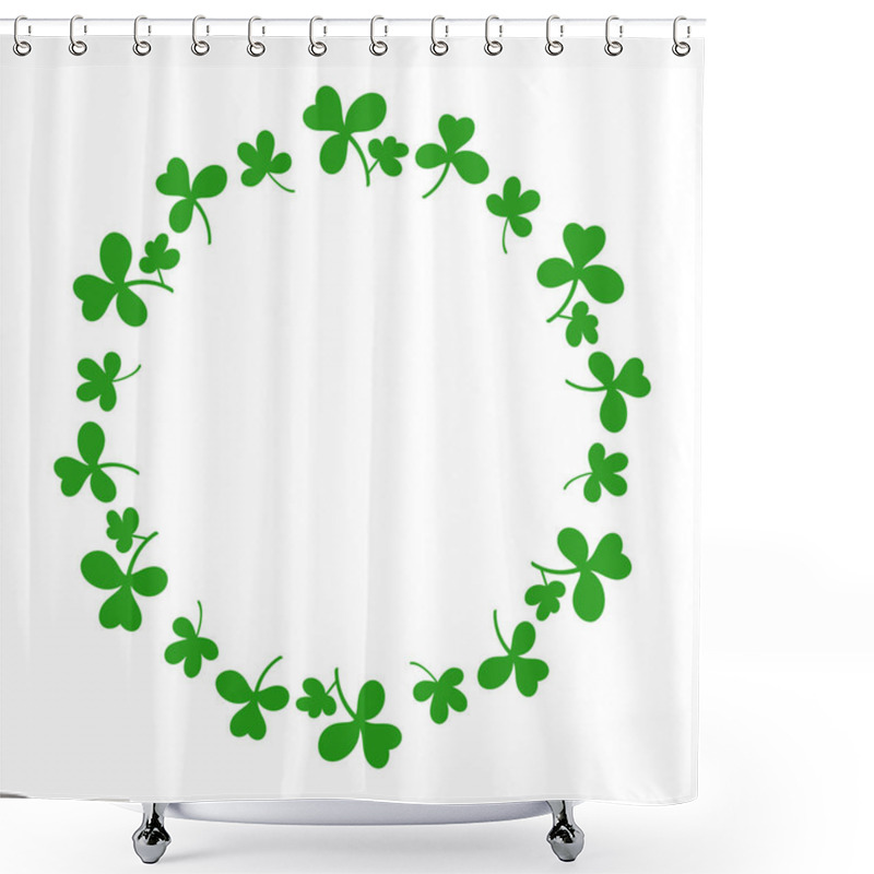 Personality  Round Frame With Clover Leaves.Magical Plant. Decoration For St. Patrick's Day With Trefoils And Quatrefoils. Shamrock. Irish Story. Isolated On White. Vector Illustration. Shower Curtains