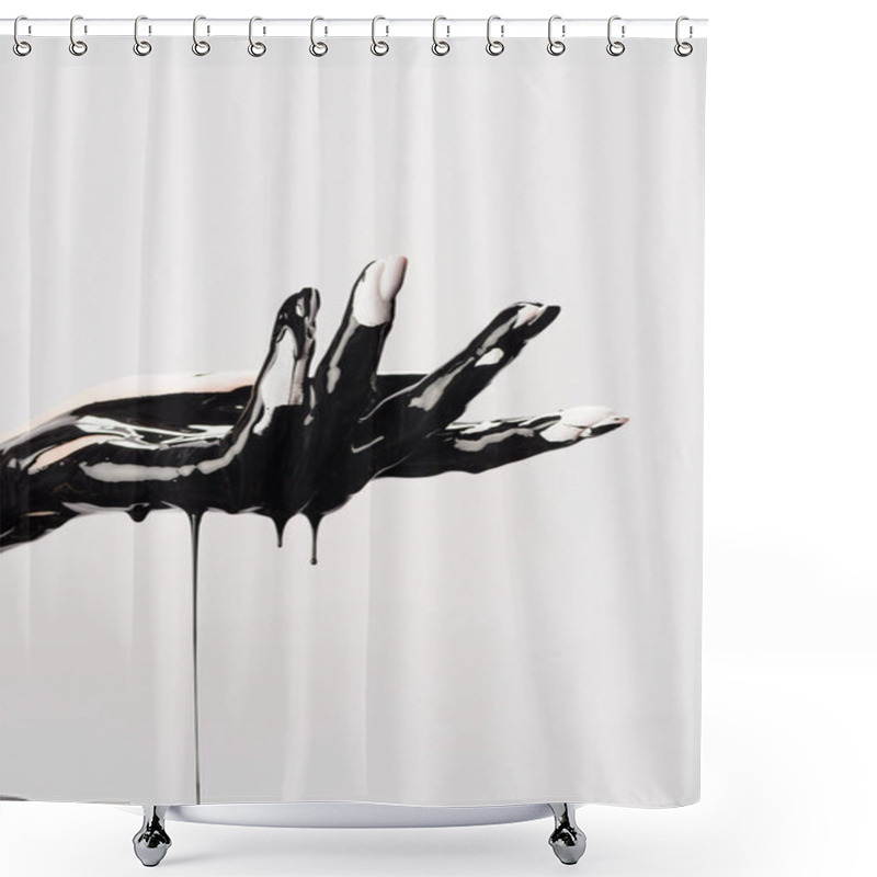 Personality  Cropped View Of Hand With Dripping Black Paint Isolated On White Shower Curtains