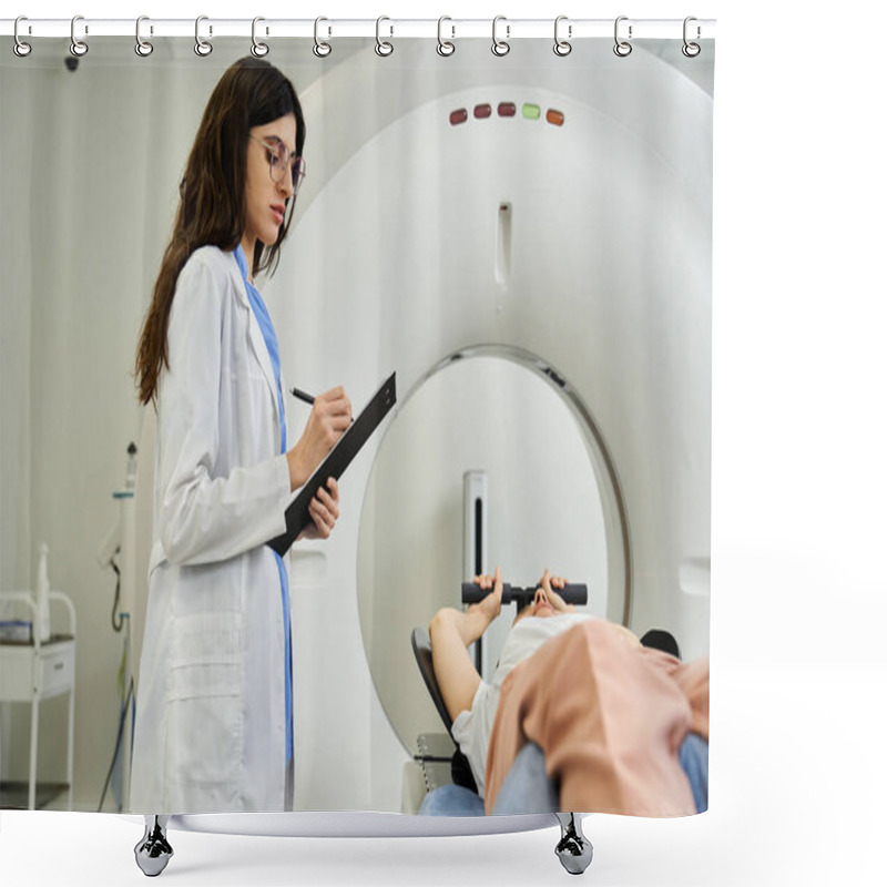 Personality  A Doctor In A Lab Coat Monitors A Patient Undergoing An MRI Scan In A Hospital Room. Shower Curtains