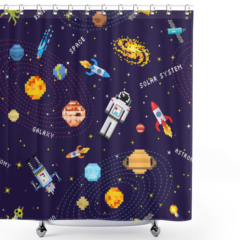 Personality  Space Seamless Pattern Background, Alien Spaceman, Robot Rocket And Satellite Cubes Solar System Planets Pixel Art, Digital Vintage Game Style. Mercury, Venus, Earth, Mars, Jupiter, Saturn. Shower Curtains