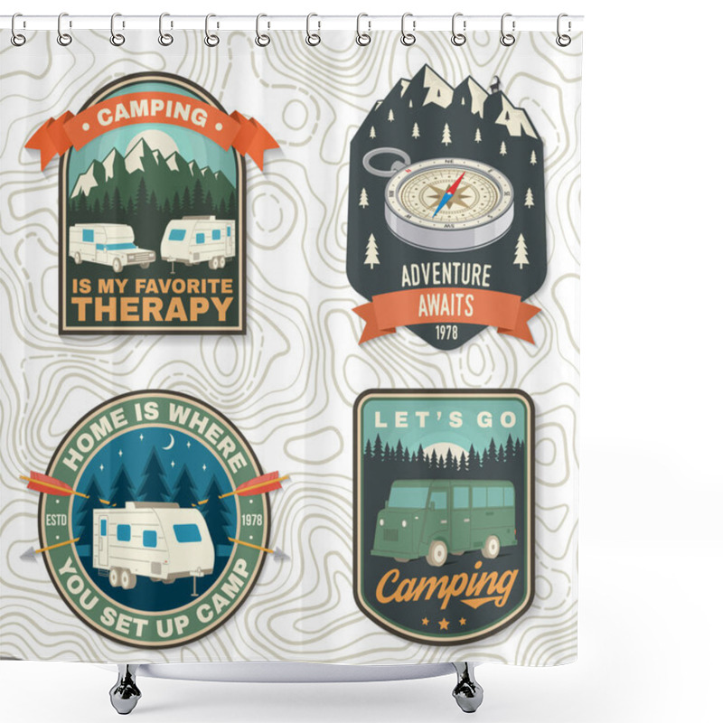 Personality  Set Of Rv Camping Badges, Patches. Vector. Concept For Shirt Or Logo, Print, Stamp Or Tee. Vintage Typography Design With RV Motorhome, Camping Trailer And Off-road Car Silhouette. Shower Curtains