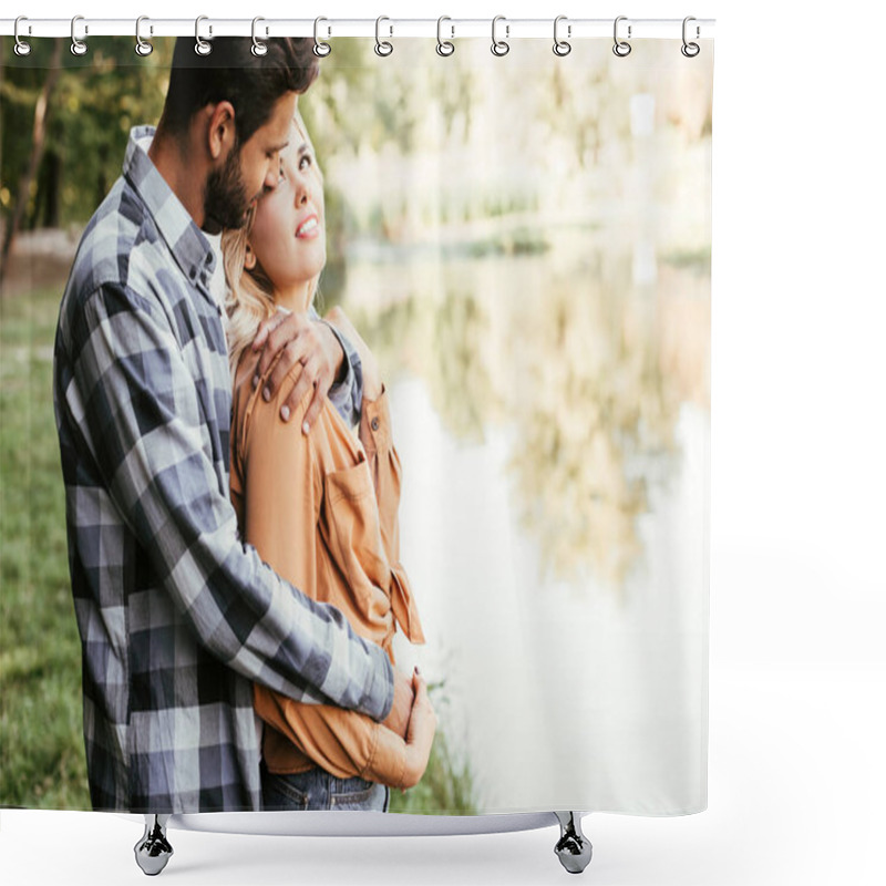 Personality  Handsome Man Embracing Happy Girlfriend While Standing Near Lake In Park Shower Curtains