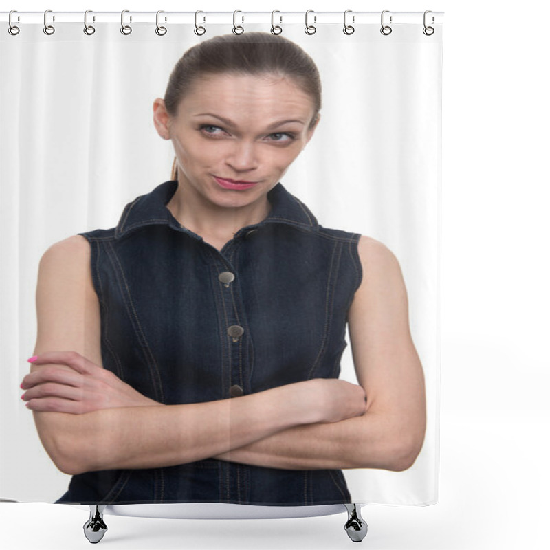 Personality  Portrait Of Sly Young Woman Plotting Something Shower Curtains