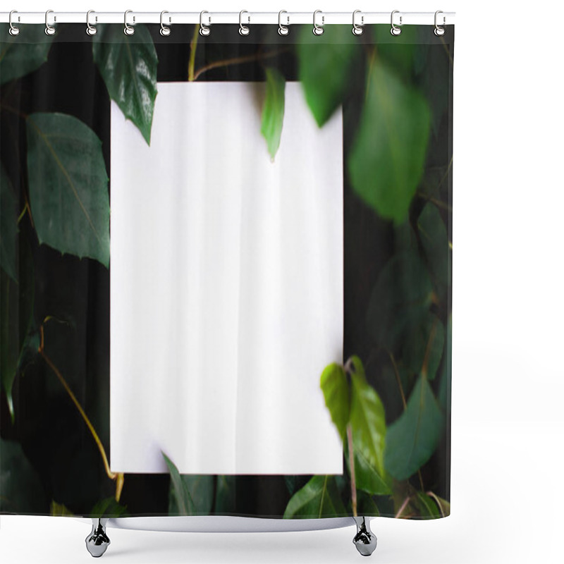 Personality  Square Paper On The Background Of Green Leaves Of Tropical Plants. Postcard On The Theme Of Nature. Text Frame Shower Curtains