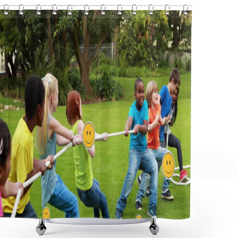 Personality  Image Of Falling Icons Over Diverse School Kids Children Pulling The Rope. Learning And Education Concept Digitally Generated Image. Shower Curtains