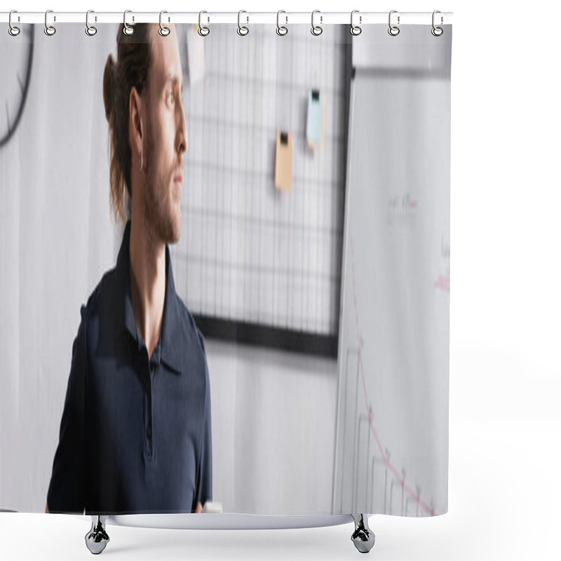 Personality  Confident Businessman Looking Away While Standing Near Flip Chart And Mesh Organizer In Office, Banner Shower Curtains