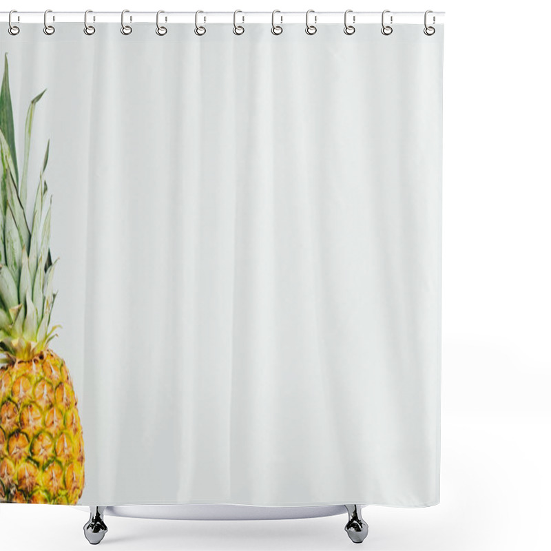 Personality  Top View Of Ripe Pineapple With Green Leaves On White Background Shower Curtains