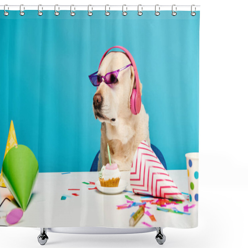 Personality  A Dog Wearing Headphones Is Sitting At A Table, Looking Focused And Ready To Spin Some Tunes. Shower Curtains