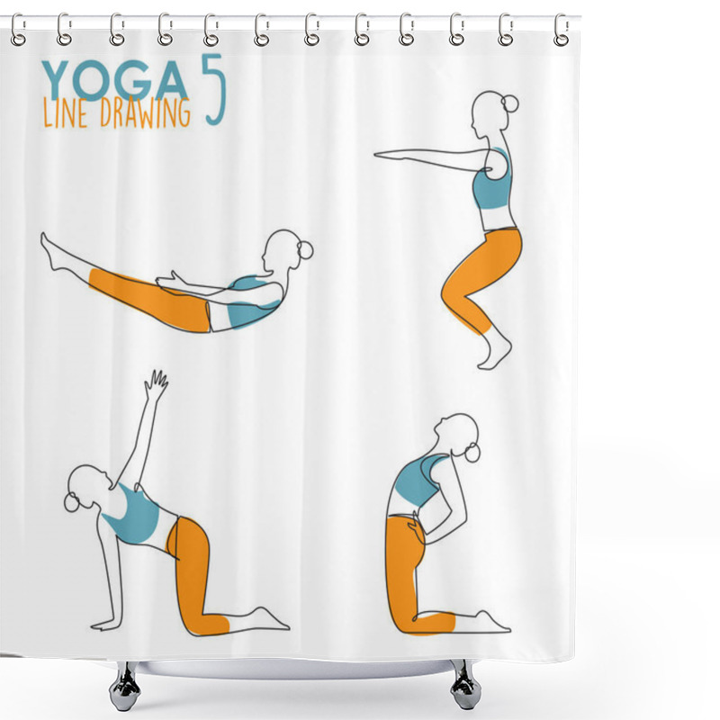 Personality  Continuous Line Drawing Of Woman Yoga Pose Or Asana Posture. Female Exercising For Body Stretching.  4 Yoga Poses For Workout In Contour Free Hand Drawing. Vector Illustration.  Shower Curtains