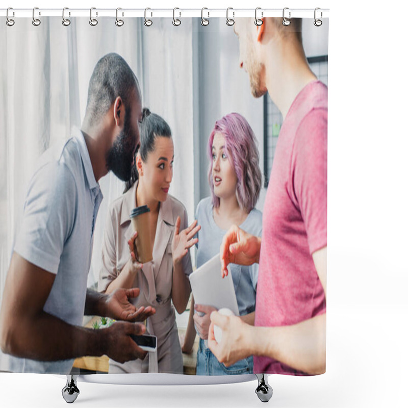 Personality  Selective Focus Of Multicultural Business People Looking At Colleague With Digital Tablet In Office  Shower Curtains