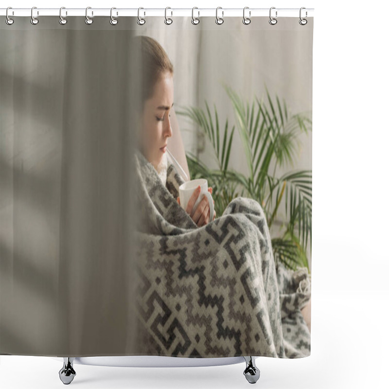 Personality  Selective Focus Of Ill Girl Covered With Blanket And Holding Cup Of Warming Drink Shower Curtains