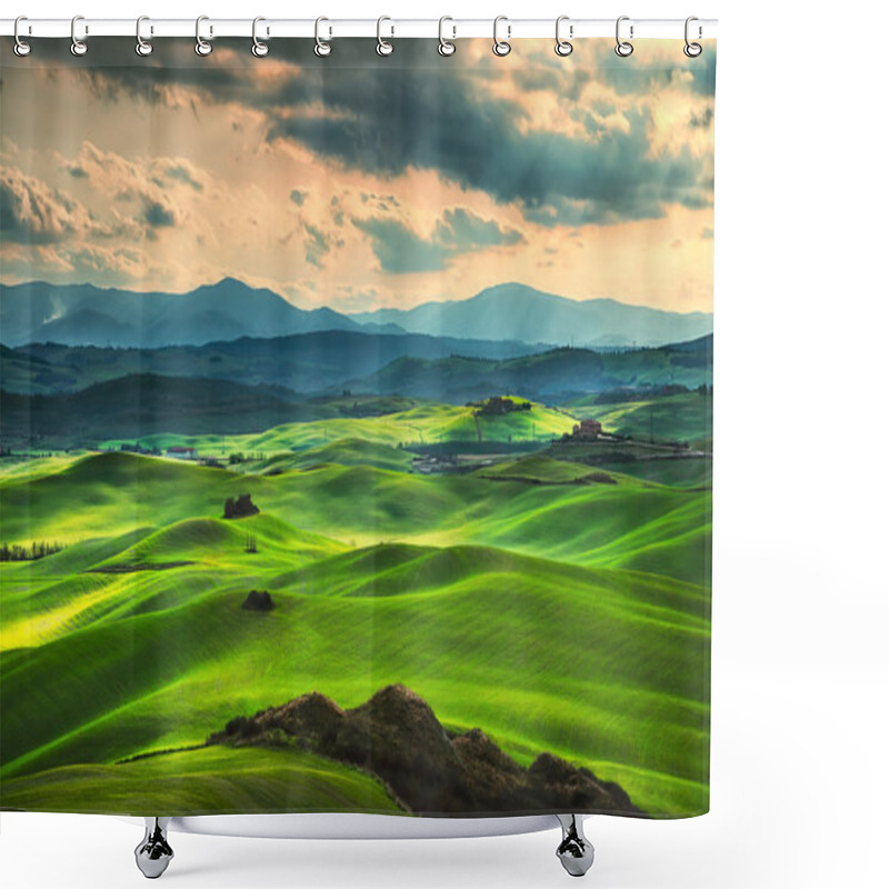 Personality  Tuscany Spring, Rolling Hills On Sunset. Rural Landscape. Green  Shower Curtains